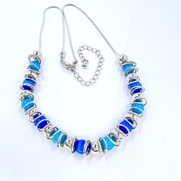 NWOT - Blue & Turquoise Cats Eye Beaded Shiny Silver Tone 16” Necklace - Picture 1 of 6